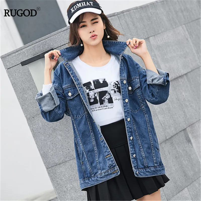 dark blue RUGOD Новая Осенняя Повседневная Свободная джинсовая куртка женская винтажная джинсовая куртка в стиле бойфренда Плюс Размер Высококачественные ковбойские джинсы куртка - Цвет: dark blue