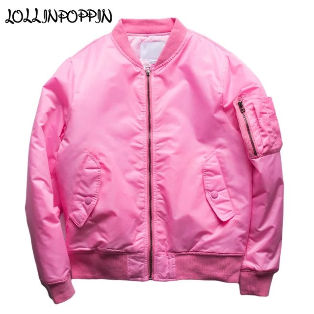 Mens Pink Bomber Jacket Padded Aviator Jackets Zippered Sleeve Pocket ...