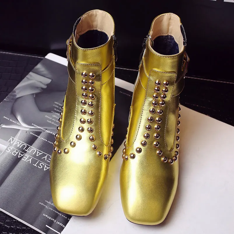 Women Ankle Boots Genuine Leather Rivets Shoes Woman Quality European Women Boots Square Toe Winter Buckle Footwear Ladies Shoes