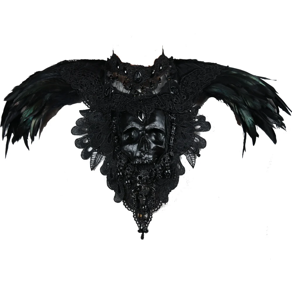2019 Halloween Gothic Costumes  Ghost Head Black Handmade Feather Amice  Burlesque Costumes For Sale (1)