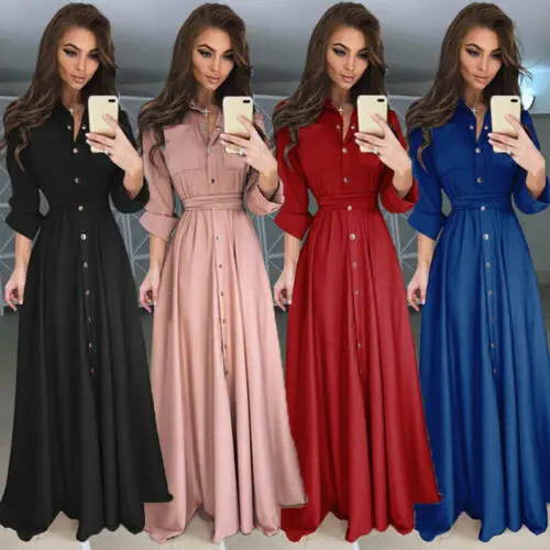 

Thefound Hot Sale New Women Long Sleeve Button Long Dress Lady Party Maxi Solid Loose Dress Summer Clothes