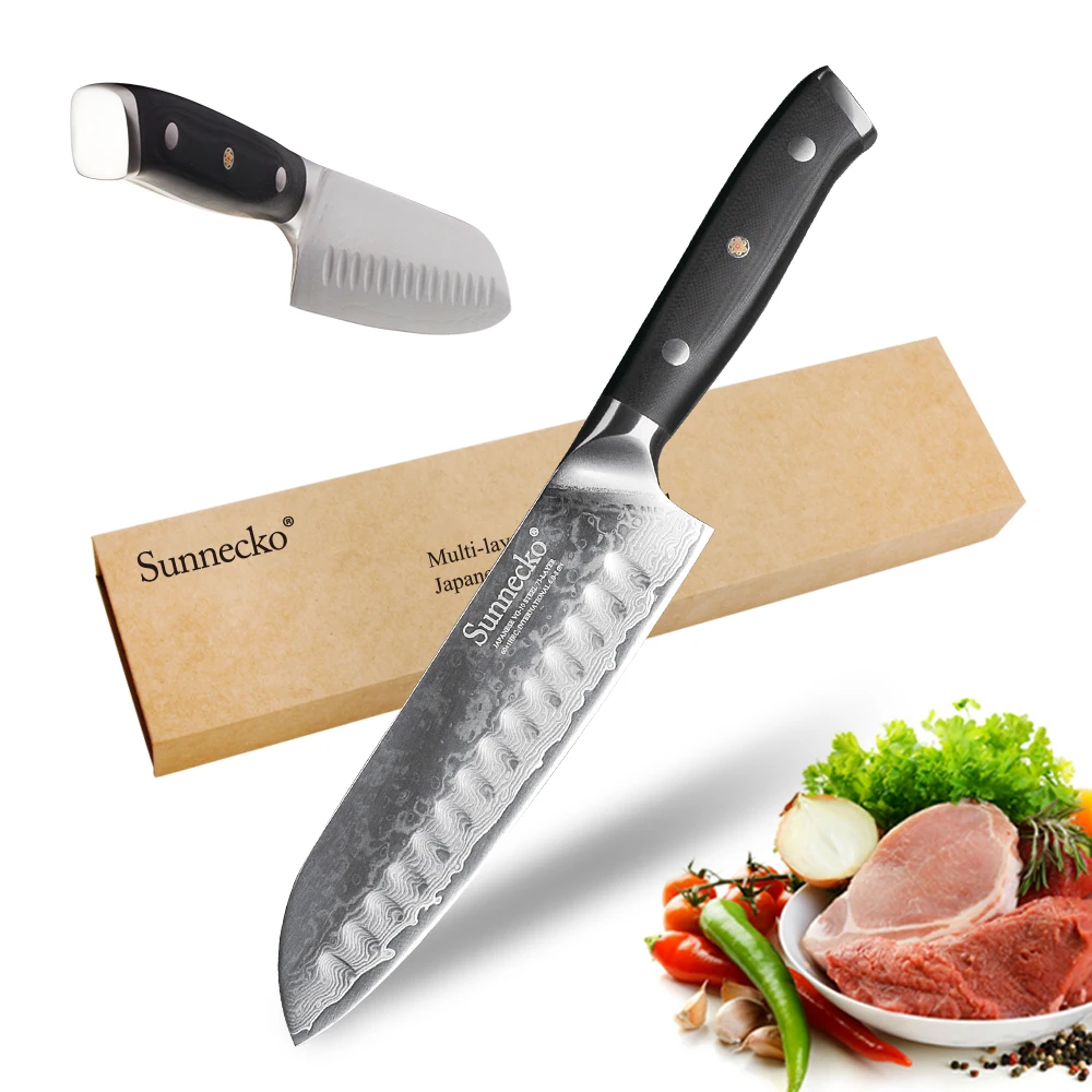 

SUNNECKO 7" inch Santoku Chef Knife Kitchen Knives Cutter Tool Japanese Damascus VG10 Steel Sharp 60HRC Blade G10 Sanding Handle