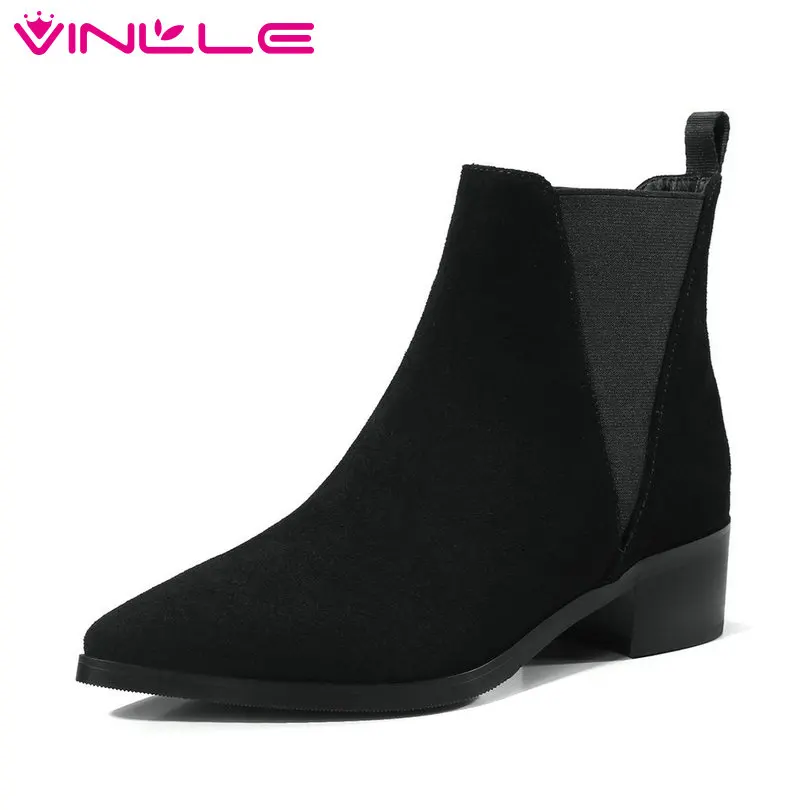 

VINLLE 2019 Women Shoes Cow Leather+Pu All Match Pointed Toe Square High Heel Winter Shoes Women Ankle Boots Big Size 34-39