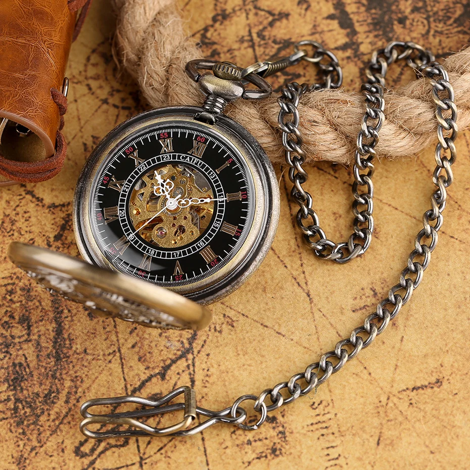 Top Luxury Mechanical Hand Wind Pocket Watch Bronze Carving Phoniex Roman Numbers Fob Hour Men Women Pendant Gift Xmas Birthday  (12)