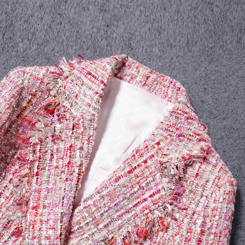 price reduction  Pink tweed jacket beads Coat in the long section 2019 autumn/winter women's coat pull suit ladies l