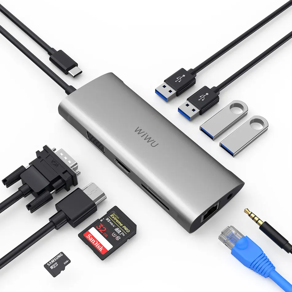 WIWU 11 в 1 мульти usb-хаб для MacBook Pro USB адаптер док-станция для зарядки type-c концентратор HDMI RJ45 VGA USB разветвитель 3,0 USB C концентратор