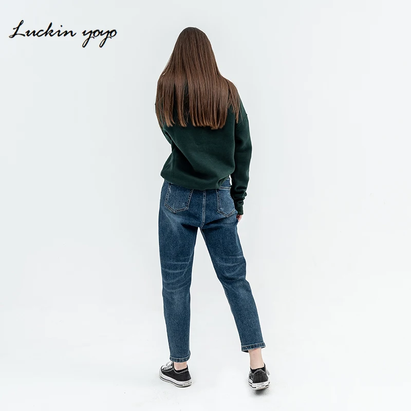 Luckin yoyo Women's High Waist Torn Denim Capri Blue Women Jeans False Ripped Patchwork Jeans Pant Casual Loose Boyfriend Jeans