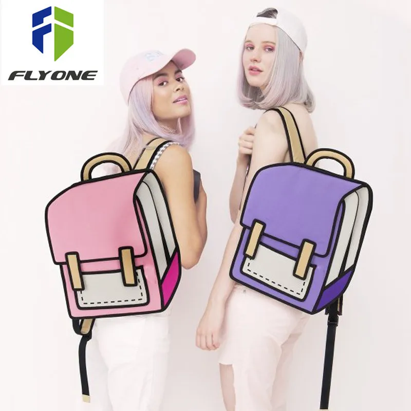 Flyone Fashion Cute Student Bags Women Backpack 3D Jump Style 2D Drawing Cartoon Back Bag Comic Unisex Knapsack Bolos FY0189