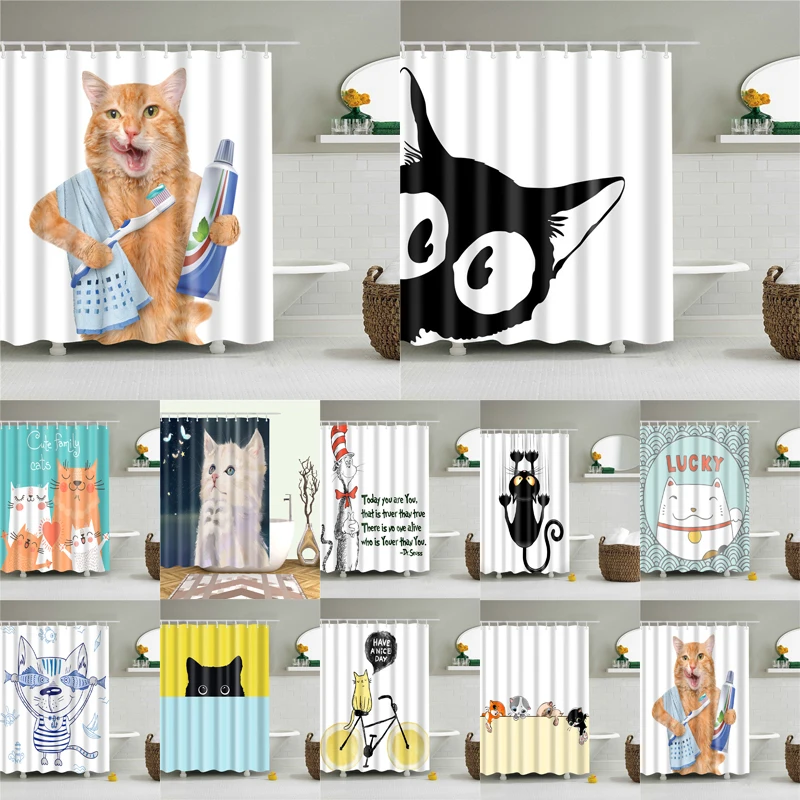 

Cartoon Cat Printing Polyester Fabric Shower Curtain for Bathroom Nordic Waterproof Bath Screen Curtains Home Decoration
