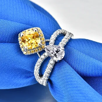 

Customization 2ct Carat Yellow 5A High Quality NSCD Princess Rings for Women Engagement Ring S925 Pure Sliver Female Jewelry
