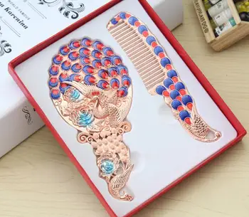 

European new mirror comb set 3D embossed peacock mirror comb handle mirrors