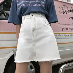 2019 Летняя женская белая джинсовая юбка с высокой талией, корейская мода, Vestidos, высокая уличная юбка-трапеция, рваные юбки