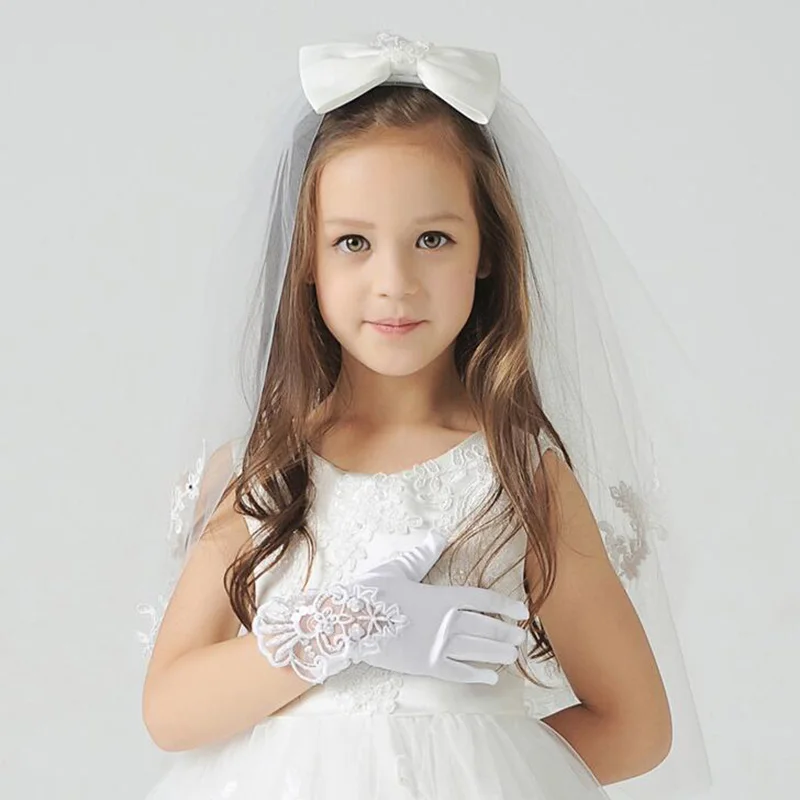 Children Wedding Mittens White Elastic Mesh Cloth Girls Party Formal Etiquette Gloves Pearl Short Lace Bow Children Princess Dance Gloves G79