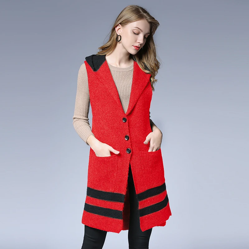 

2018 Autumn Women Fashion Sleeveless Knitted Vest Coat Single Breasted Contrast Color Sleeveless Hooded sweater casual cadigan