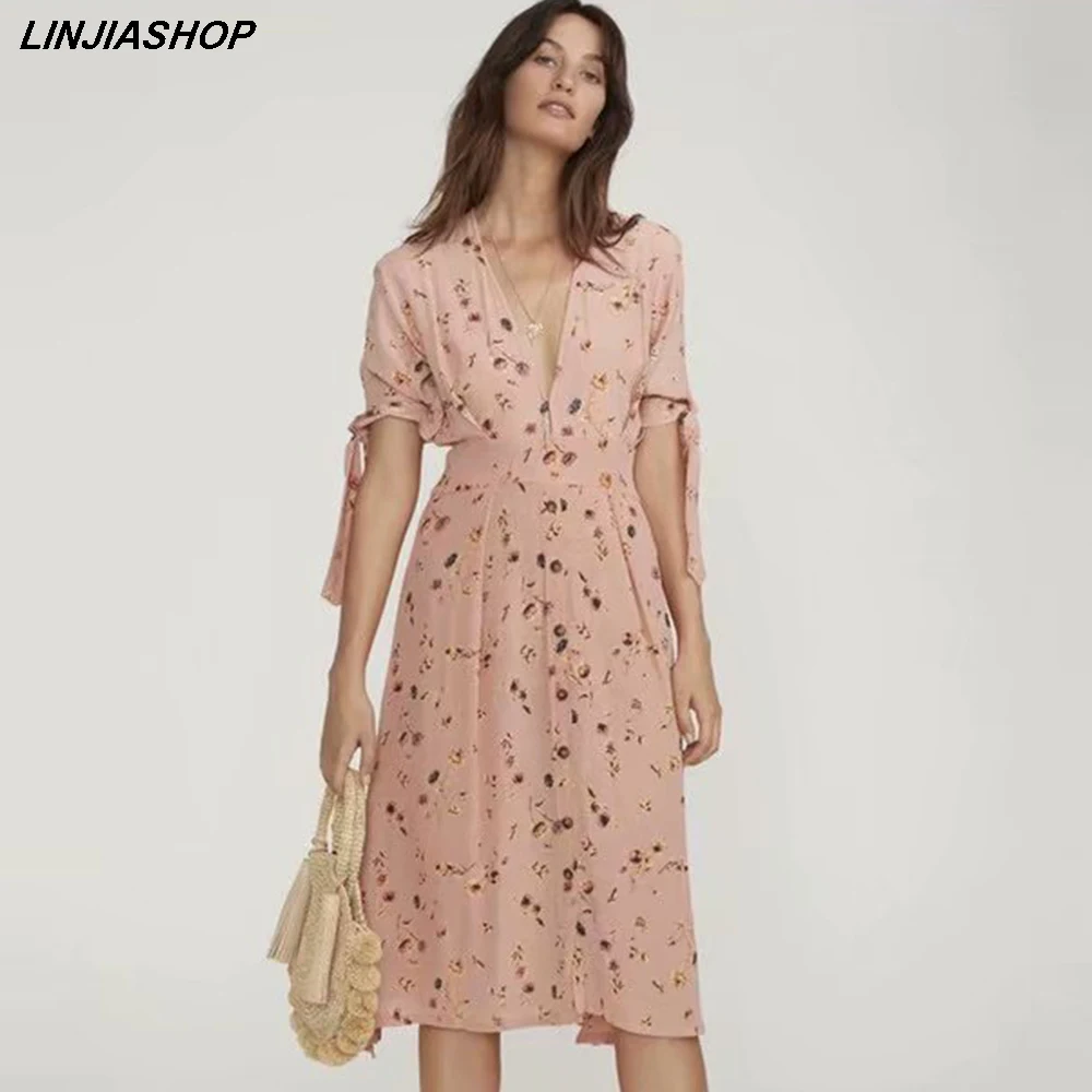 

Boho Summer Print Pink Dress Women V Neck Short Sleeve High Waist Spring A Line Zipper Midi Dress New Arrivals 2019 Robe Femme
