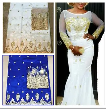 

LJ18Kwhite and gold 5yards African george fabric + 2yards French net lace sets high quality for making fashion dress