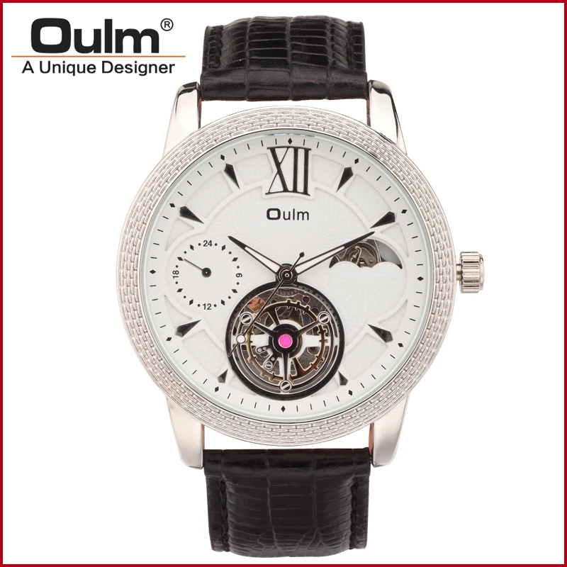 font b Oulm b font HP3682 Gold Big Dial Leather Strap font b Mechanical b