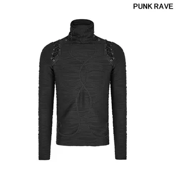 

Fashion Long Sleeve Tees High Neck Top Gothic Street Flat Stereo Stripe Knitted Superman Men Black T-shirt PUNK RAVE T-485