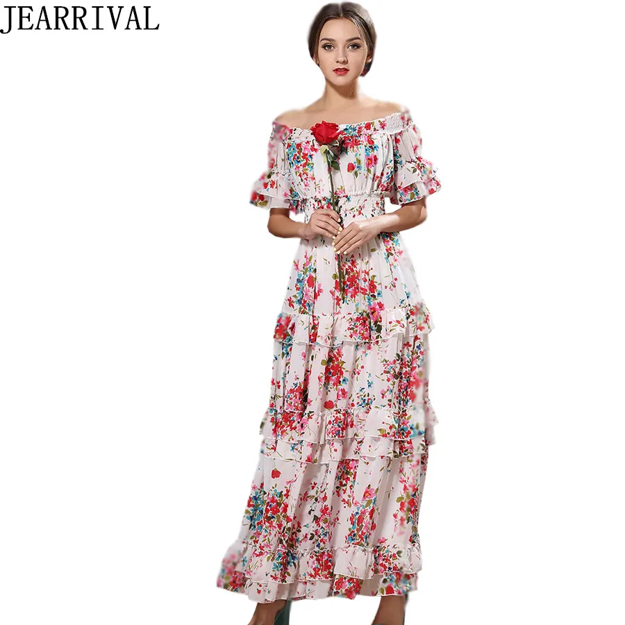 2017 New Summer Long Maxi Dress High Quality Women Vintage Floral Print Slash Neck Elastic Chiffon Beach Party Dresses Vestidos long-floral-maxi : image 2017 New Summer Long Maxi Dress High Quality Women Vintage Floral Print Slash Neck Elastic Chiffon Beach Party Dresses Vestidos long-floral-maxi