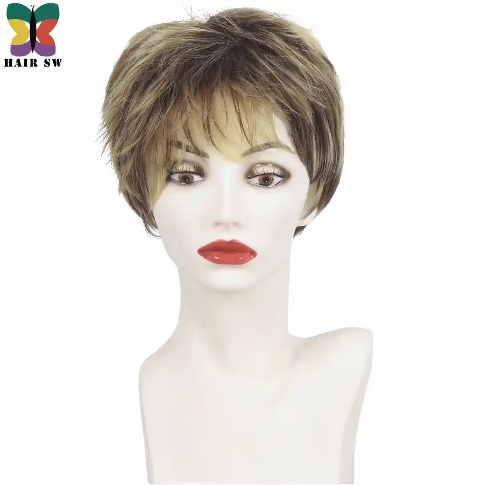Hair Sw Short Pixie Cut Ladies Wig Brown Mixed Golden Blonde