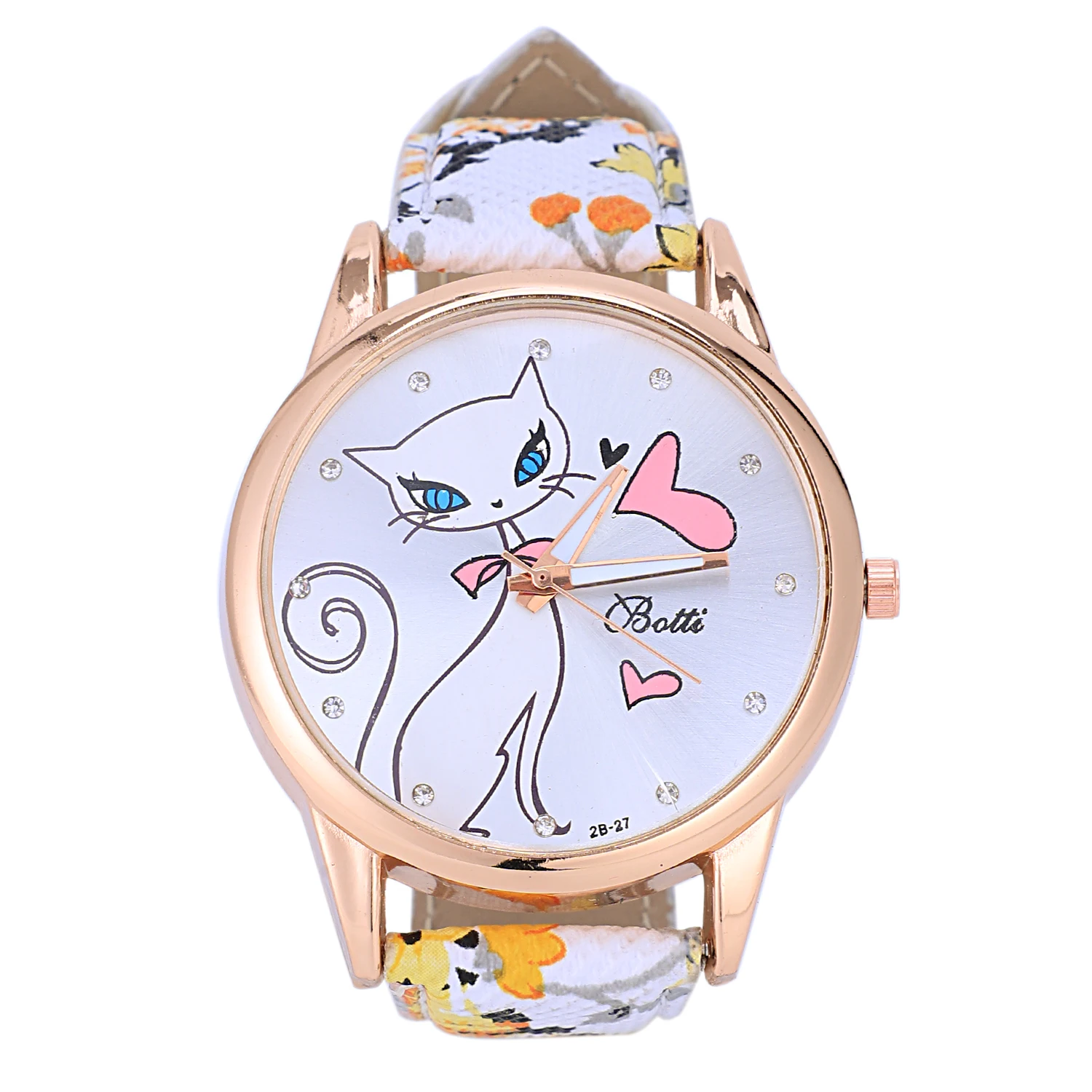 

Women Orange Flower Pattern Band Cat Pattern Dial Quartz Analog Wrist Watch 24cm