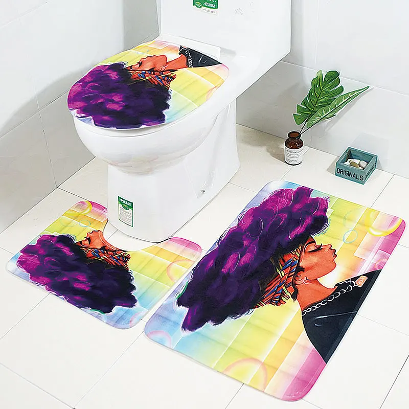 Three Piece Bathroom Mat Printing Design African Woman Toilet Seat Non