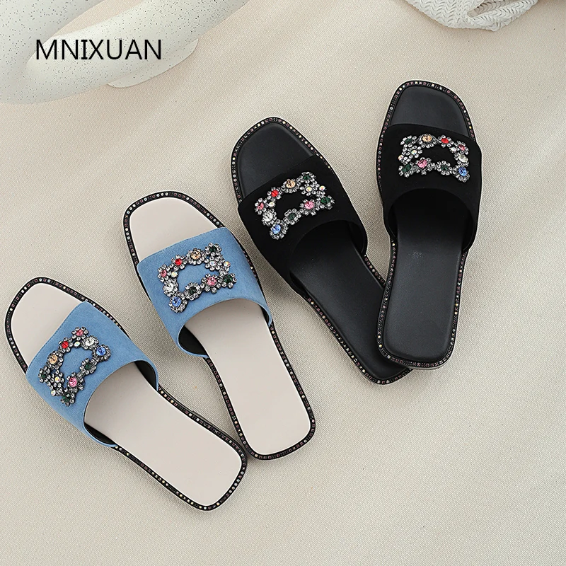 

MNIXUAN Handmade beach women slipper sandals outside crystal solid slides 2019 summer new sheep suede open toe flats plus size42