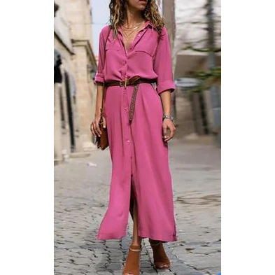 Jocoo Jolee Autumn Winter Button Side Split Long Dress Women Solid Casual Loose Dress Ladies Long Sleeve Midi Dresses Vestidos pink dress Dresses