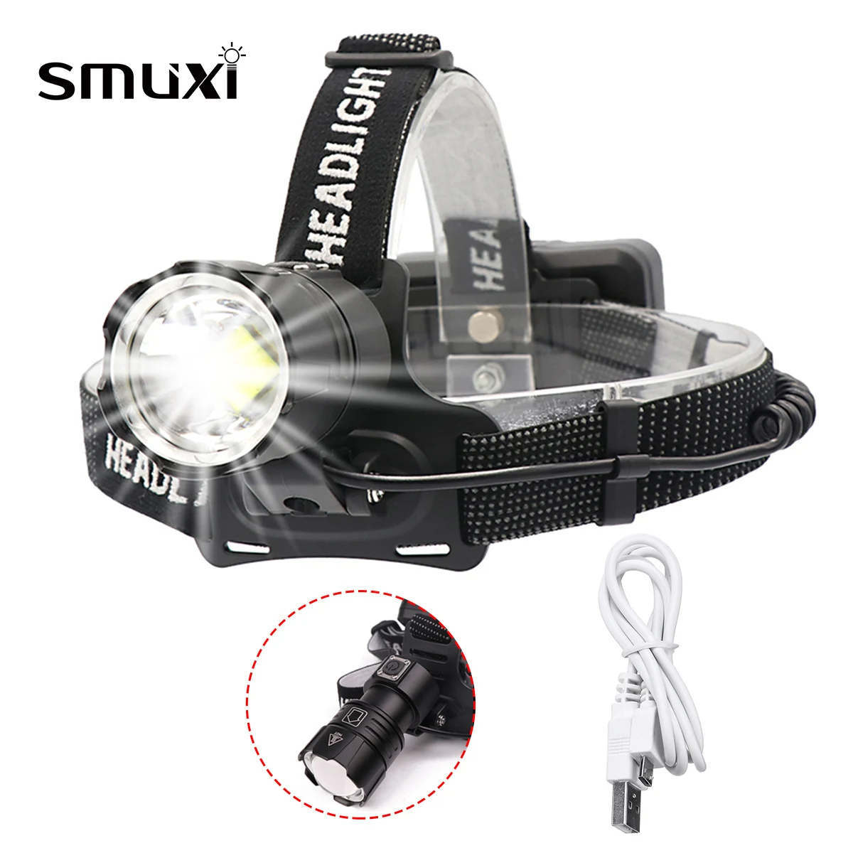 

Smuxi 60000lm XHP70 LED headlamp headlight 3 modes head light waterproof flashlight zoomable use 18650 for hunting cycling