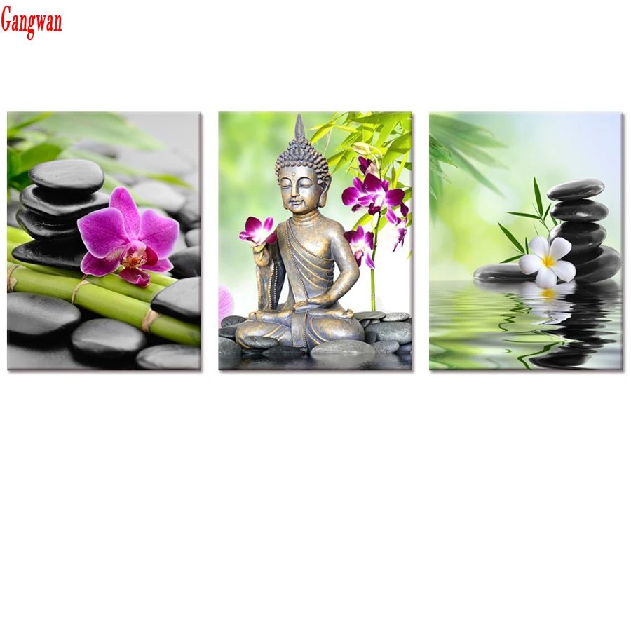 5D Diamond Embroidery Diy Diamond Painting Buddha Spa Zen Stone Orchid Flower 3pcs diamond mosaic Wall painting,Home Decoration art