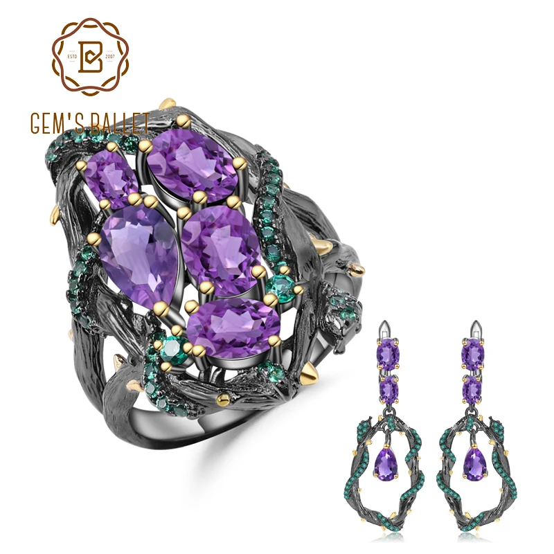 

GEM'S BALLET 7.58Ct Natural Amethyst Gemstone Vintage Jewelry Set For Women 925 Sterling Silver Handmade Ring Earrings Sets