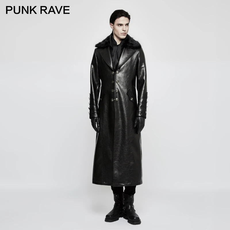 

PUNK RAVE Men Winter Long Leather Jacket Punk Military Uniform with Fur Collar Coat Christmas Party Casual Long Trench Coat
