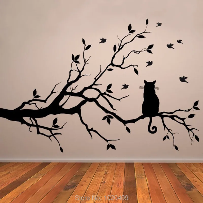 Cat On Tree Branch Birds Vinyl Wall Sticker Art Decorative Stickers Glass Window Sticker Kitchen Wall Stickers Home Decor A017