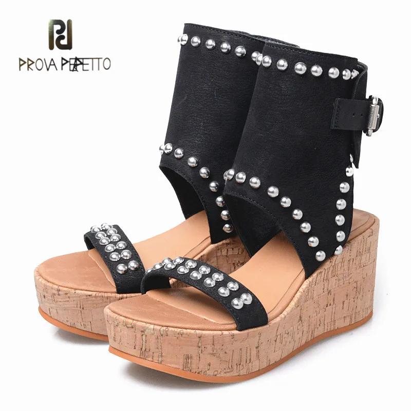 

Prova Perfetto 2018 New Design Genuine Leather Mixed Colors Thick Bottom High Platform with Rivet Sandals Wedge Shoes Sandals