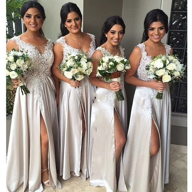 

2019 Applique Party Dresses Scoop Sleeveless A Line Floor Length High Slit Satin Long Bridesmaid Dress