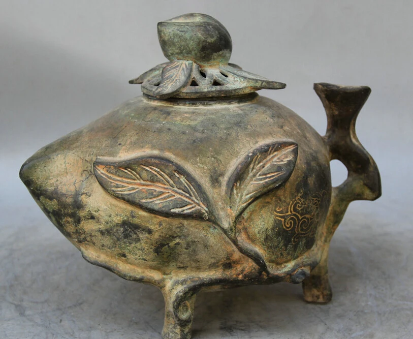 

Elegant old S6026 11" Old Ancient Chinese dynasty Bronze Folk word peach Incense Burner Censer statue (A0322) A0403