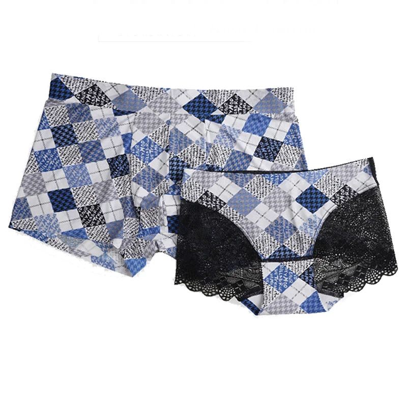 

Lovers Couples Underwear Marine Blue Lattice Boxers Shorts Men Trunks Male Sexy Lace Panties Seamless Underwears Underpants