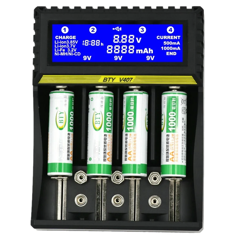 BTY V407 зарядное устройство Li Ion fe Ni MH CD умное быстрое для 18650 26650 6F22 9V AA AAA 16340