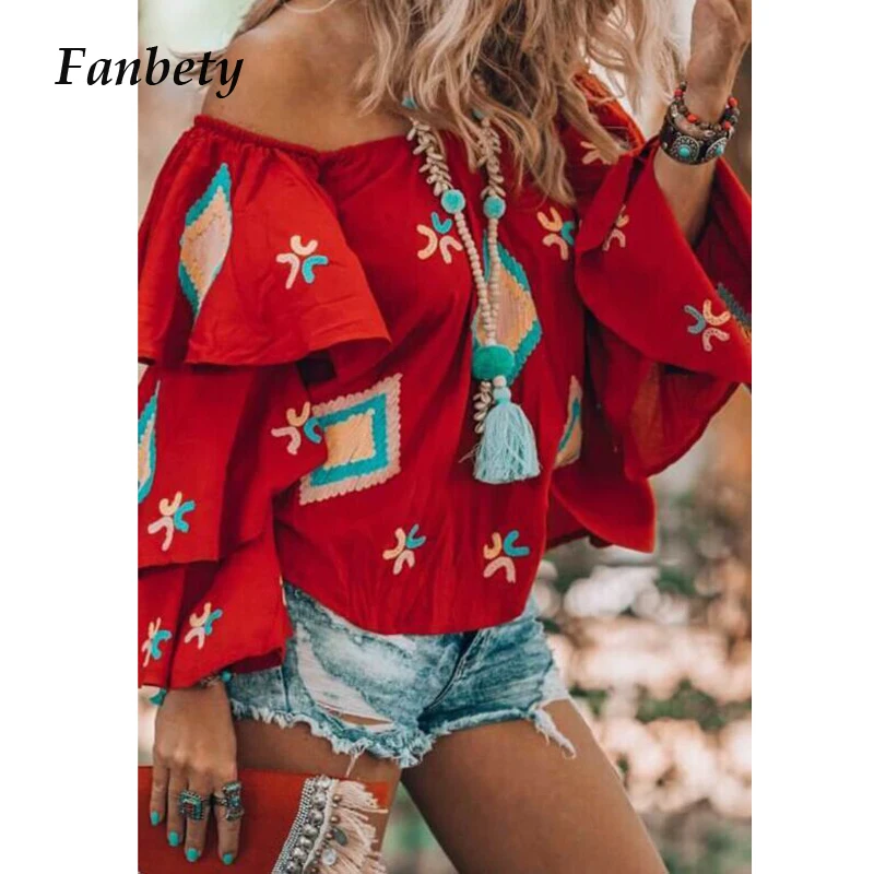 Fanbety Сексуальная Блузка с расклешенными рукавами и вырезом лодочкой летняя