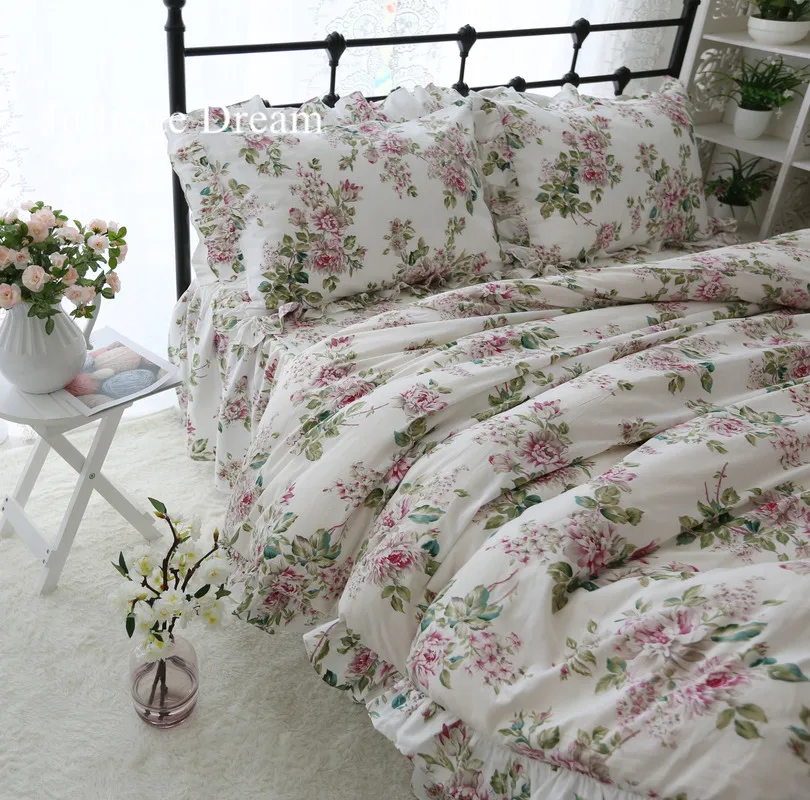 

Elegant flower print bedding set home textile ruffle duvet cover set 100% cotton garden bed skirt set home bedding and bed sets