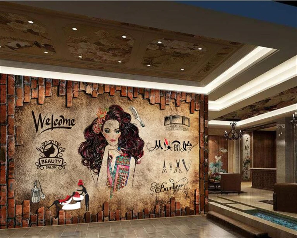 

beibehang papel de parede Nostalgic vintage make-up beauty salon hair salon background wall barber shop wallpaper for walls 3 d