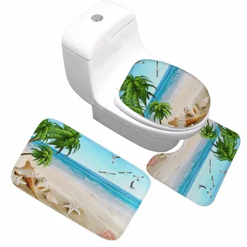 

CAMMITEVER Bathroom Mat Sets 3 Piece Beach Sea Shell Pattern Toilet Mat Anti Slip Bathroom Rug Set Bathroom Beach Rug