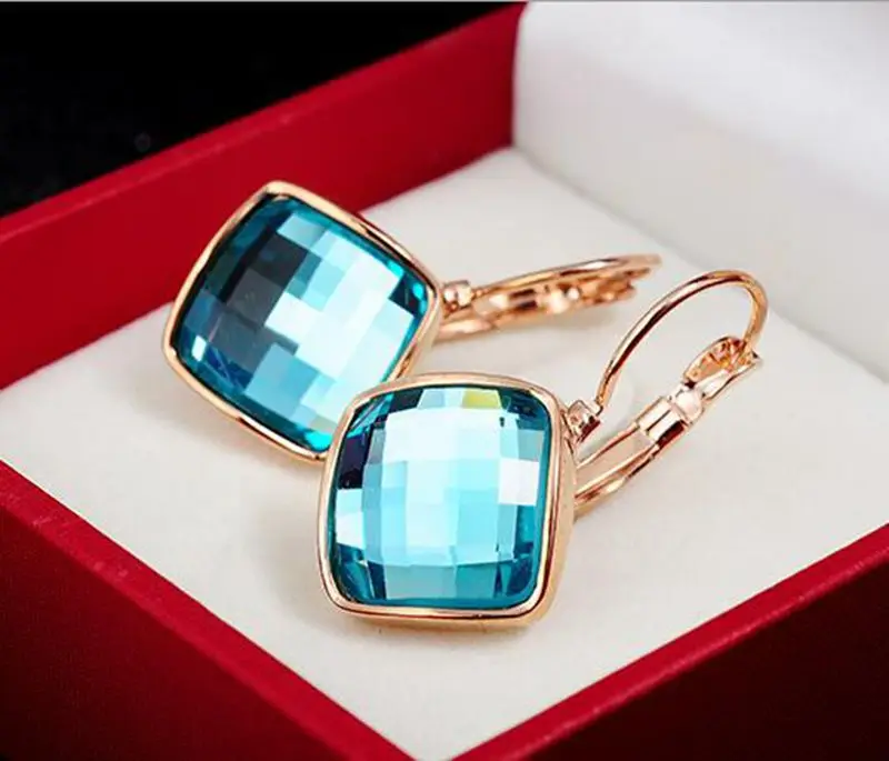 Высококачественные цветные очаровательные Подвесные серьги с квадратным кристаллом цвета розового золота, ювелирные изделия с австрийским кристаллом - Окраска металла: Light Blue