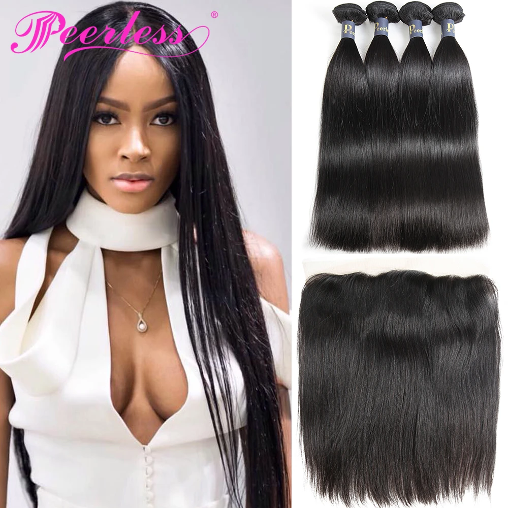 PEERLESS волосы бразильские remy прямые пучки с фронтальной 13*4 швейцарские кружева 100%
