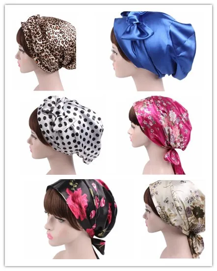 

Women Fashion Sleeping Bonnet Cap Soft Pure Silk Sleepp Print Flower Hats Hair Care Wrap Female Night Cap