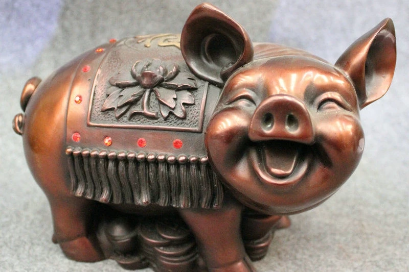 10" Chinese Pure Bronze Year Zodiac Wealth Happy Fu Pig Statue piggy