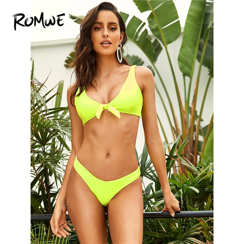 

Romwe Sport Sexy Bikini Set Knot Tie Front Bikini Top With Low Rise High Leg Bottoms Bath Suit Swimwear Women Summer Swimsuit