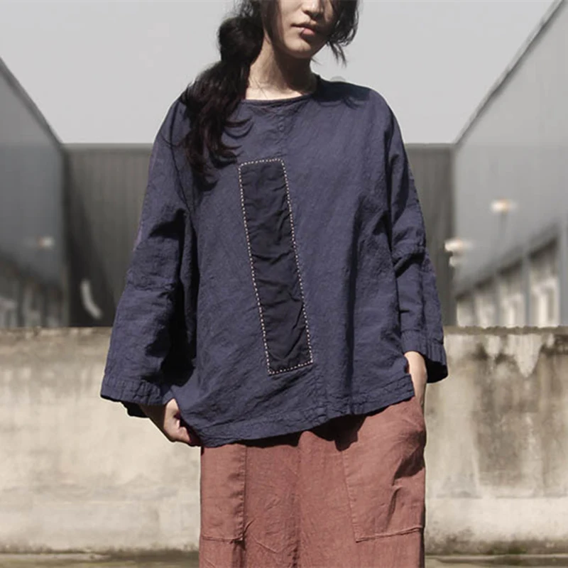 

Johnature Cotton Linen Women Patchwork T-shirts 2019 Spring New Vintage Casual Loose O-Neck Solid Tops Women Clothes T-Shirts