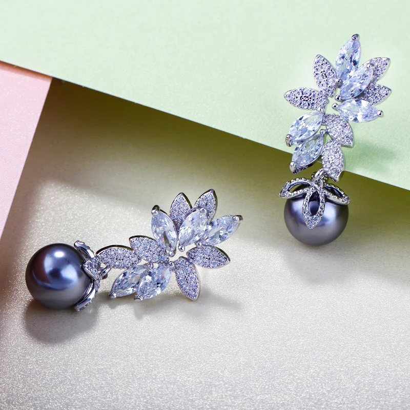 CWWZircons Shiny Cubic Zirconia Setting Leaf Shape 925 Silver Dangling Gray Pearl Drop Earrings Jewelry for Women Gift CZ332