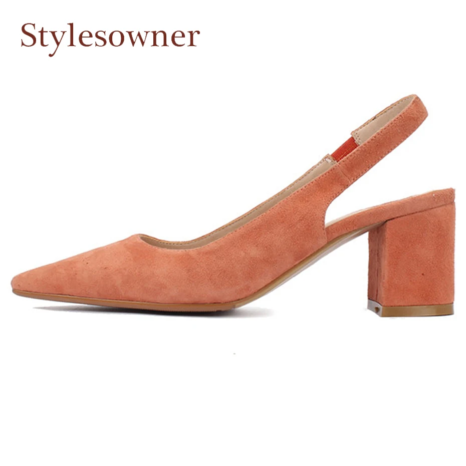 Stylesowner spring summer new pointed toe chunky heel women pumps suede ...